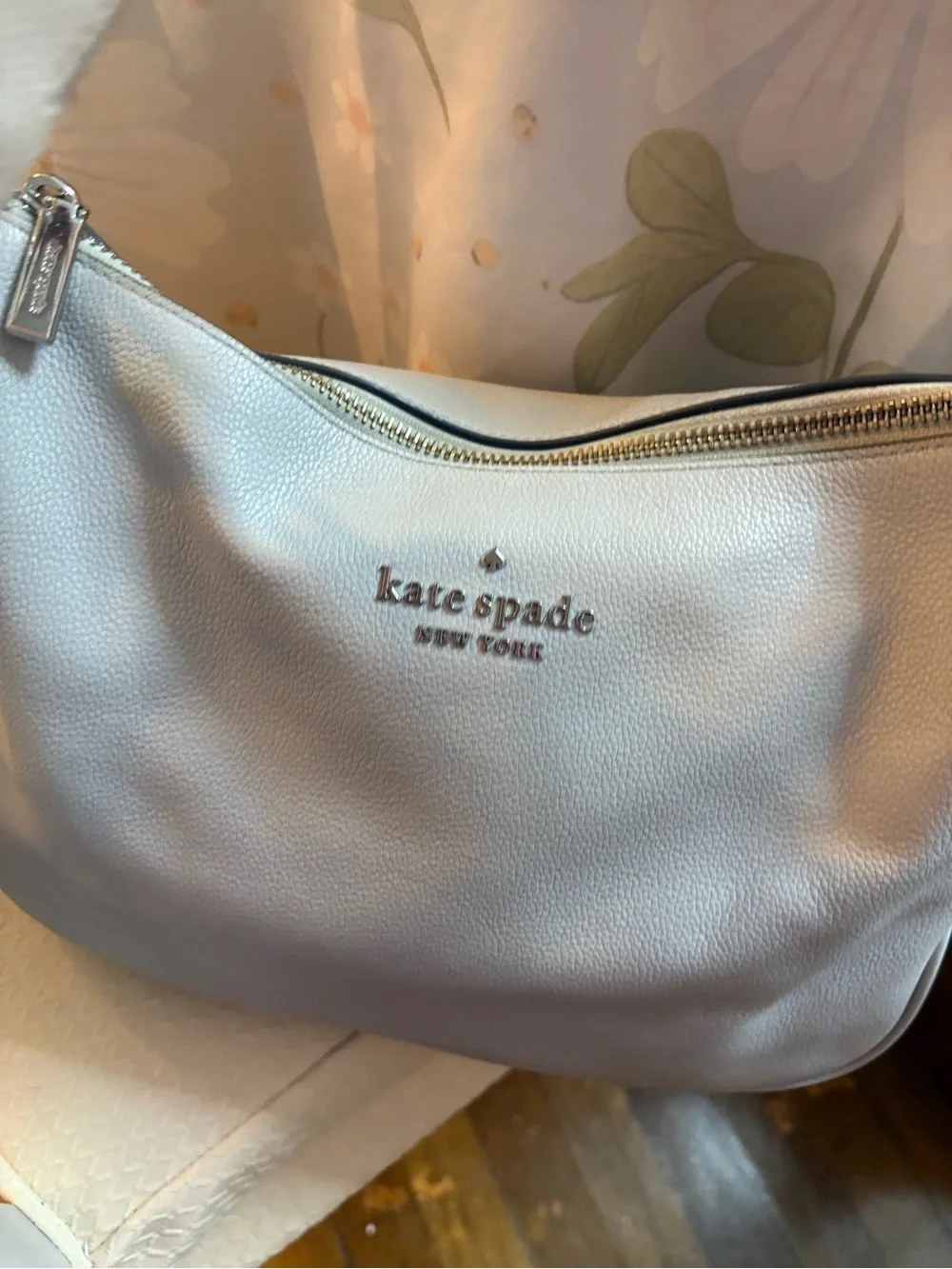 kate spade Pale Gray Pebbled Leather Shoulder Bag with Striped Strap